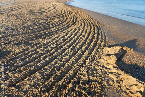 The coastline with plowed, cleared sand ready for the beach season