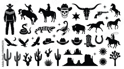 Vector set contains 45 black Western-themed icons, including cowboys, horses, desert landscapes, cacti,, skulls, boots, and stars.