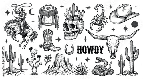 Western vector graphic set featuring cowgirls, horses, cacti, skulls, hats, boots, and "Howdy" & "Cowgirl" typography. Perfect for stickers, t-shirt designs, and other uses.