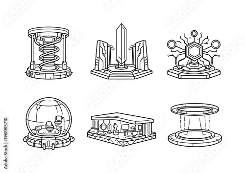Line style icons of narrative memory-editing installations: cognitive-hum coil, selective-gate blade, pattern-reset node,