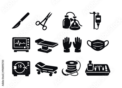 Collection of medical and surgical equipment icons for healthcare and hospital use