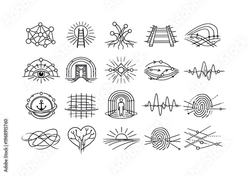 Line vector icons of a synthetic mind trusting its own existence: conviction nodes, introspection ladders, reality-binding stems,