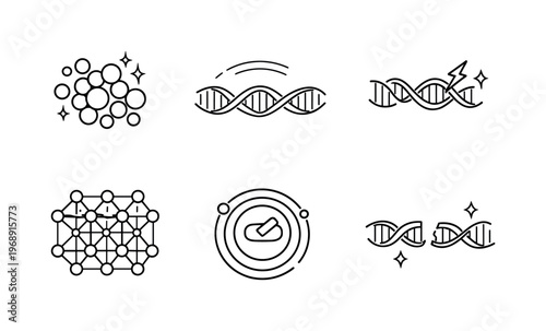 Cellular Reset Icons. Line style icons of cellular age-reset mechanisms: mark-reduction bead, chromatin-flex arc,