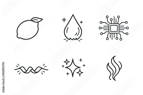 Digital Lemon Sensation. Line vector icons of lemon taste triggered by digital signal (sensory signal citrus): lemon silhouette,