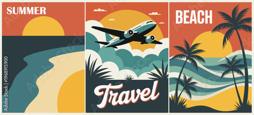 Sunset sky, airplane flies above waves. Palm trees sway, waves roll gently. Travel word shines, bold and clear. Summer and beach evoke joy and escape. Ideal for vacation promotions or travel ads