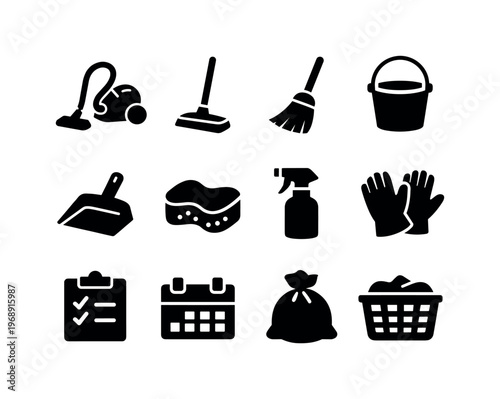 Collection of black cleaning icons representing household chores and maintenance tasks