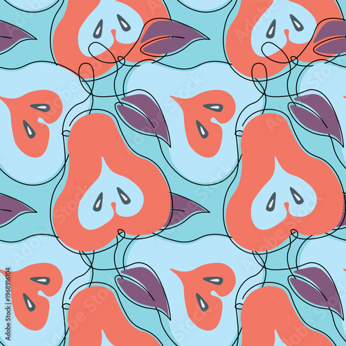 Seamless pattern with pear on color background. Natural delicious fresh ripe tasty fruit. Sweet pears with leaves. Food concept. Vector illustration for print, fabric, textile.