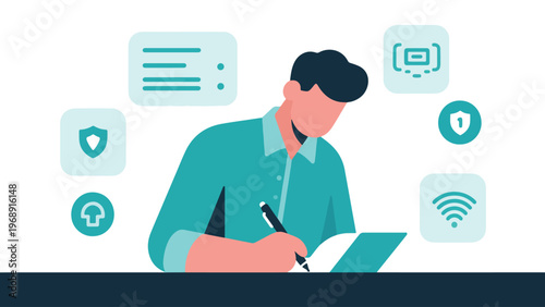 Illustration Of Author Writing With Digital Protection Icons Vector Design Template