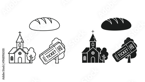 Contrast between traditional and modern church ticket booth illustrations with bread icons