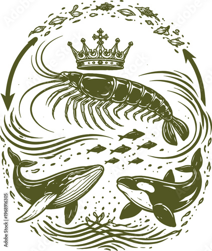 Ocean Food Chain Crown Shrimp Whale Fish Art