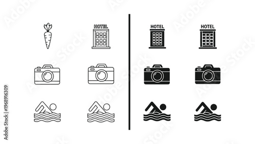 Comparison of icons representing travel, accommodation, photography, and swimming activities