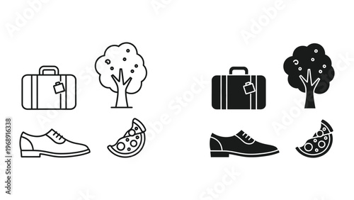 Contrasting icons of travel, nature, footwear, and food in two color schemes