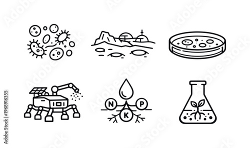 Line style vector icons of Mars colonization with extremophiles: bacterial-colony motif, Martian-soil outline, laboratory-petri