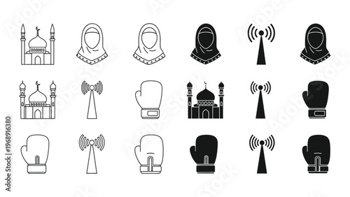 Symbolic icons combining mosques, headscarves, cell towers, and boxing gloves
