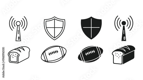 Contrasting icons of wireless signals, security shields, bread, and footballs in light and dark versions