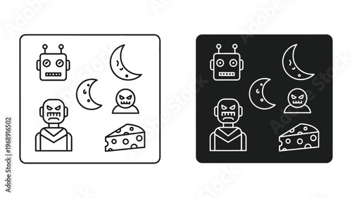 Contrasting robotic and ghostly icons with moon and cheese elements on different backgrounds