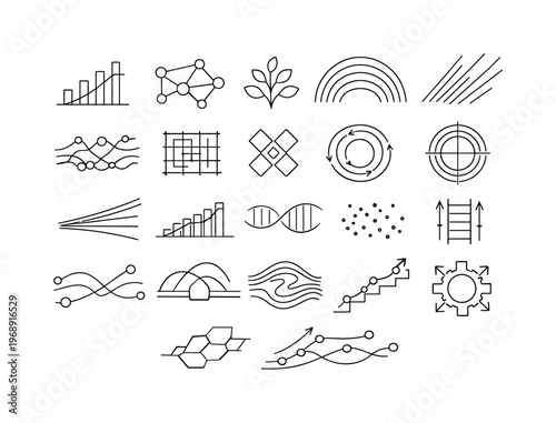 Line vector icons of non-medical genome refinement: functional-lift bars, capability nodes, trait enhancement stems,