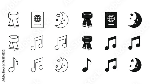Collection of icons featuring musical notes, travel, and nighttime elements