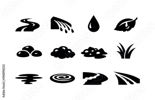 Solid vector icons of snow melt environment: stream, runoff, droplet, wetleaf, stone, moss, earth, grassblade, reflection, ripple
