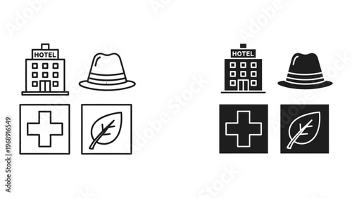 Contrasting hotel and health icons with different color backgrounds and hat variations