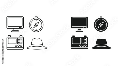 Contrasting icons of technology and traditional exploration equipment