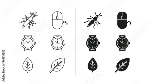 Whimsical icons combining insects with everyday objects and nature elements