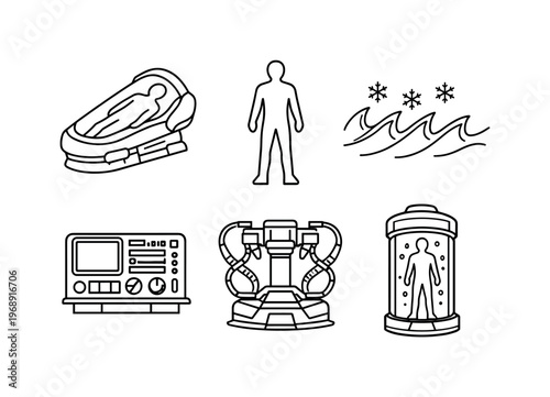 Line style vector icons of cryostasis technology: cryo-pod icon, human-silhouette motif, freezing-wave outline, control-panel