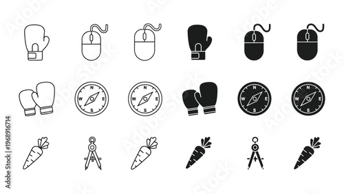 Iconic representations of boxing gloves, computer mice, compasses, carrots, and compasses