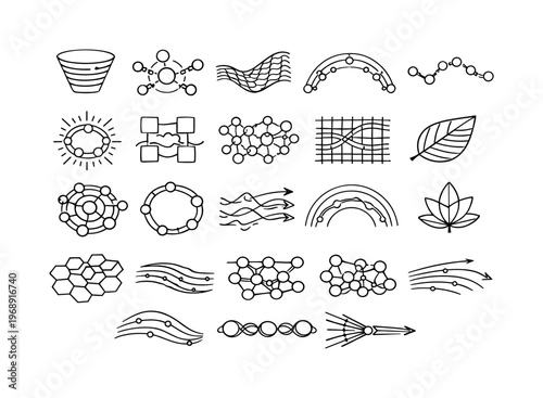 Line style icons of quantum-optimized energy transfer: coherent funnel band, photon relay node, pigment mesh curve, exciton