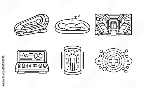 Interstellar Cryo Sleep Icons. Line style vector icons of interstellar cryogenic sleep: cryo-pod outline, sleeping-human motif,