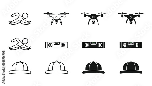 Comparative icons of swimming, drones, vehicles, and caps with variations in design