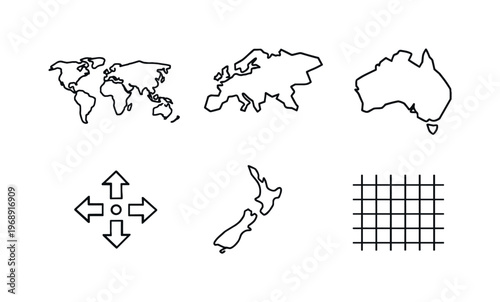 Line Style World Icons. Line style vector icons of spatial country layout: world-map motif, continent-outline icon,