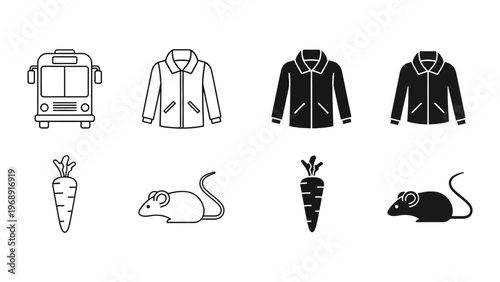 Simple icons of transportation, clothing, vegetables, and rodents