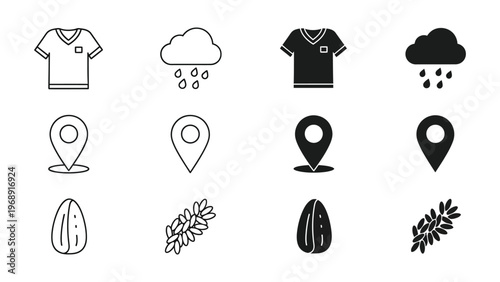 Weather and location icons paired with clothing and nature symbols