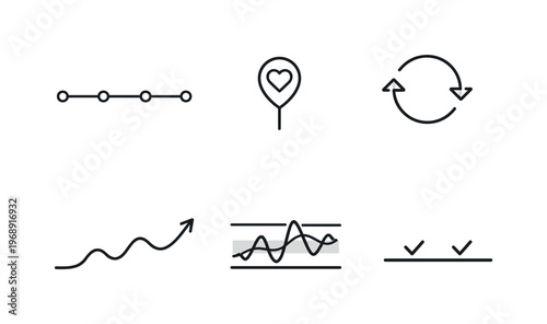 Line style icons of patient health history: timeline bar, medical event marker, recurring pattern loop, long-term trend path,