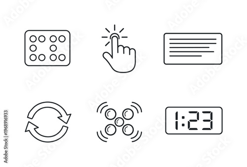 Line style vector icons of dynamic tactile interface: Braille-dot grid outline, fingertip-touch motif, screen-text icon,
