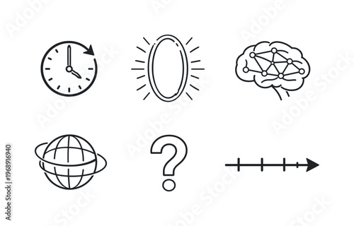 Line style vector icons of temporal and memory hypotheses: clock-arrow icon, portal-outline motif, brain-memory icon,