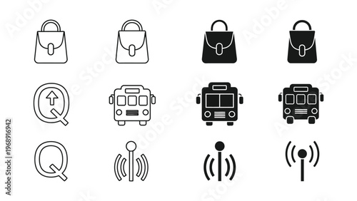 Collection of diverse icons depicting handbags, buses, and communication signals