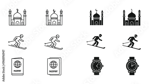 Cultural landmarks, winter sports, and travel essentials icon collection