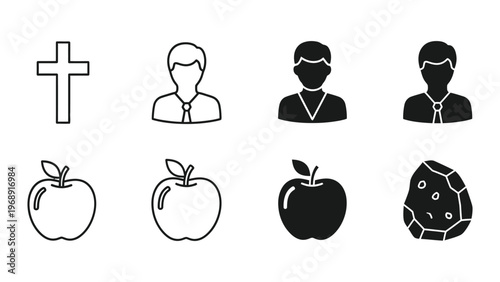 Symbolic representations of religious figures, fruits, and their variations in black and white icons
