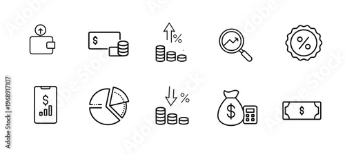 Finance and investment analysis outline icon set featuring stock market growth money bag credit card and financial data for business report more vector illustration on editable stroke.