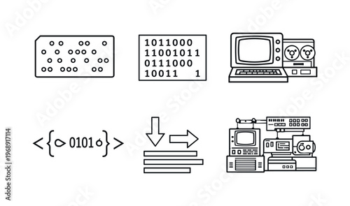 Line style vector icons of punched card programming: perforated-card outline, binary-hole motif, computer-console icon,