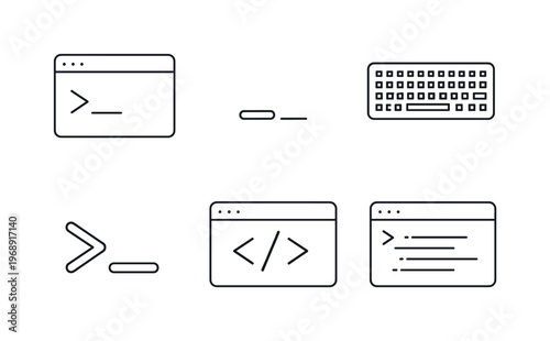 Line style vector icons of text-command interface: terminal-outline motif, blinking-cursor icon, keyboard-input outline,