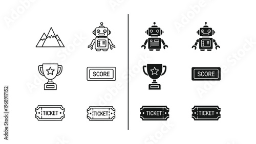Robotic competition icons depicting challenges, scores, and tickets
