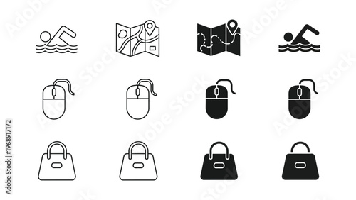 Icons of swimming, navigation, computer interaction, and handbags in various styles