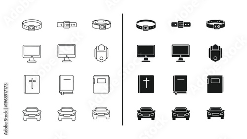 Comparison of icons in color and monochrome styles for various everyday objects