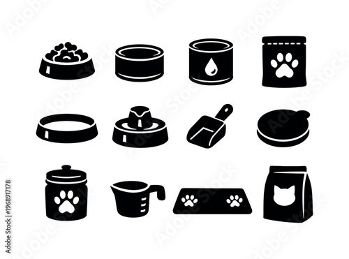 Solid vector icons of cat food supplies: catkibble, patecan, gravycan, treatpouch, feedingdish, waterfountain, scoop, cancover,