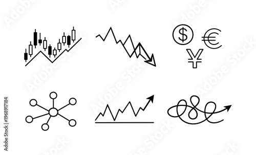 Line style vector icons of economic chaos modeling: stock-chart motif, fluctuating-arrow icon, currency-symbol outline,