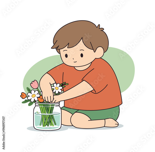 Gentle child finishes arranging flowers in a jar pressing stems down as water settles and balance returns to the scene | scene of