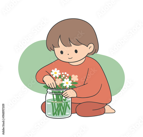 Gentle child finishes arranging flowers in a jar pressing stems down as water settles and balance returns to the scene | scene of